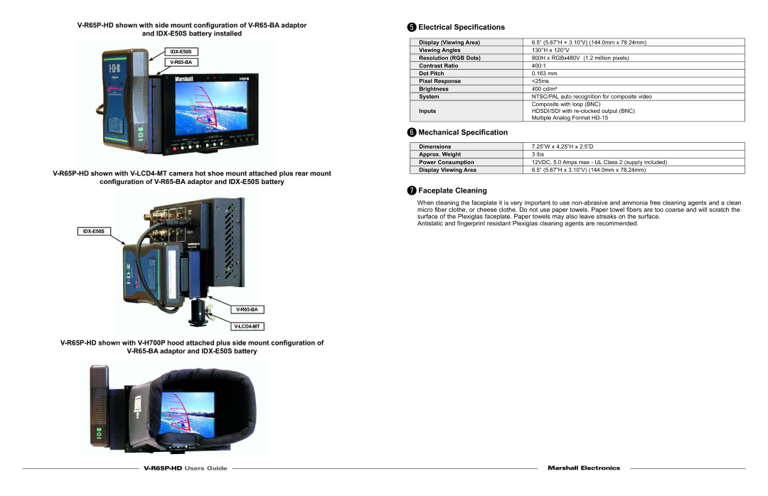 Marshall electronic V-R65P-HD specifications Electrical Speciﬁcations, Mechanical Speciﬁcation, Faceplate Cleaning, LCD4-MT 