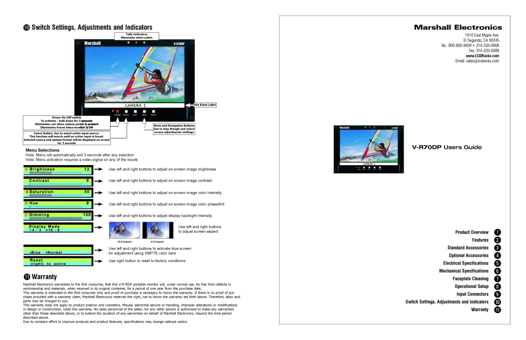 Marshall electronic V-R70DP specifications Switch Settings, Adjustments and Indicators, Marshall Electronics, Warranty 