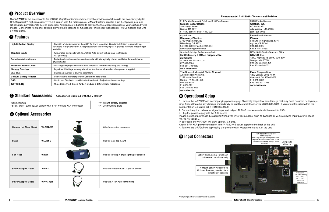 Marshall electronic V-R70DP Product Overview, Features, Optional Accessories, Operational Setup, Input Connectors 