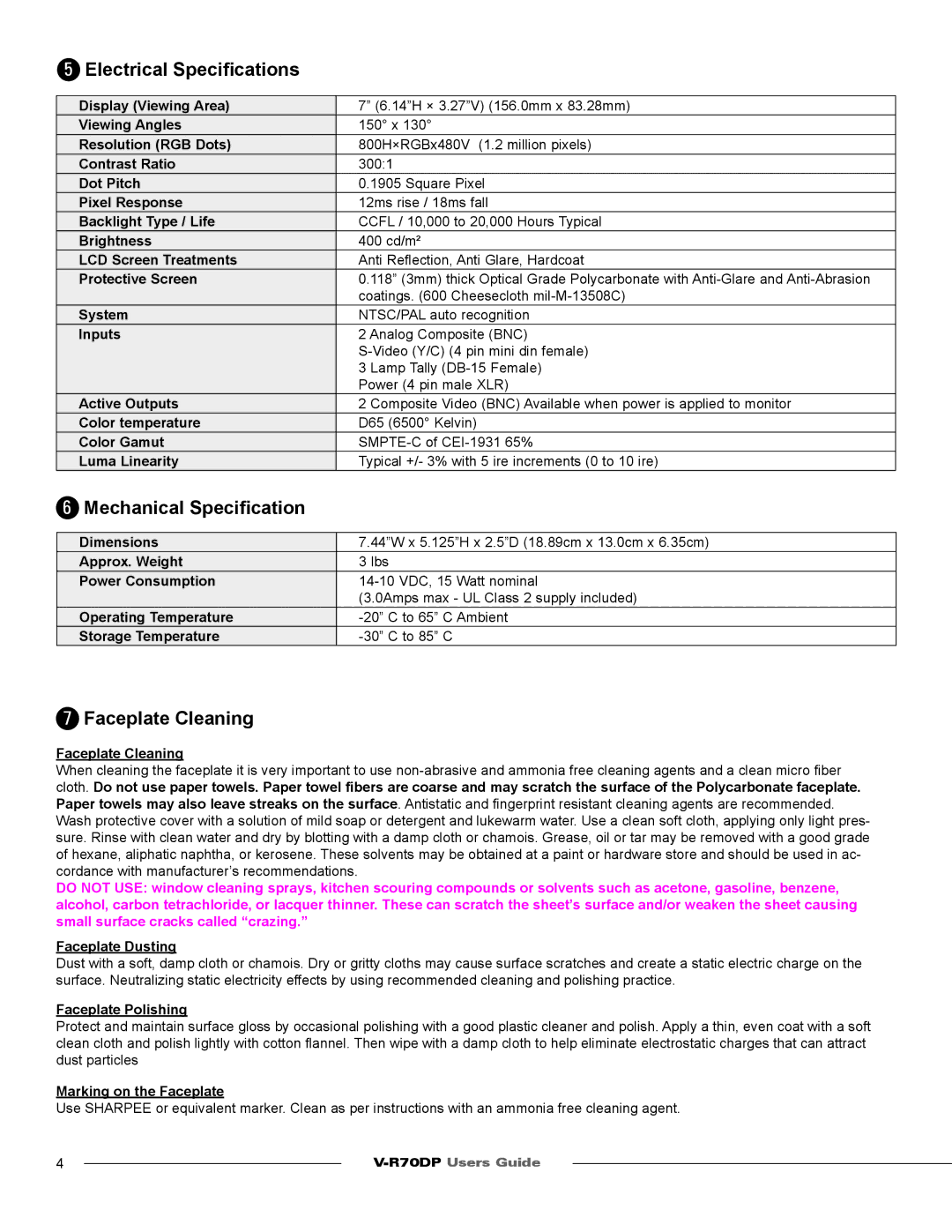 Marshall electronic V-R70DP specifications Electrical Speciﬁcations, Mechanical Speciﬁcation, Faceplate Cleaning 