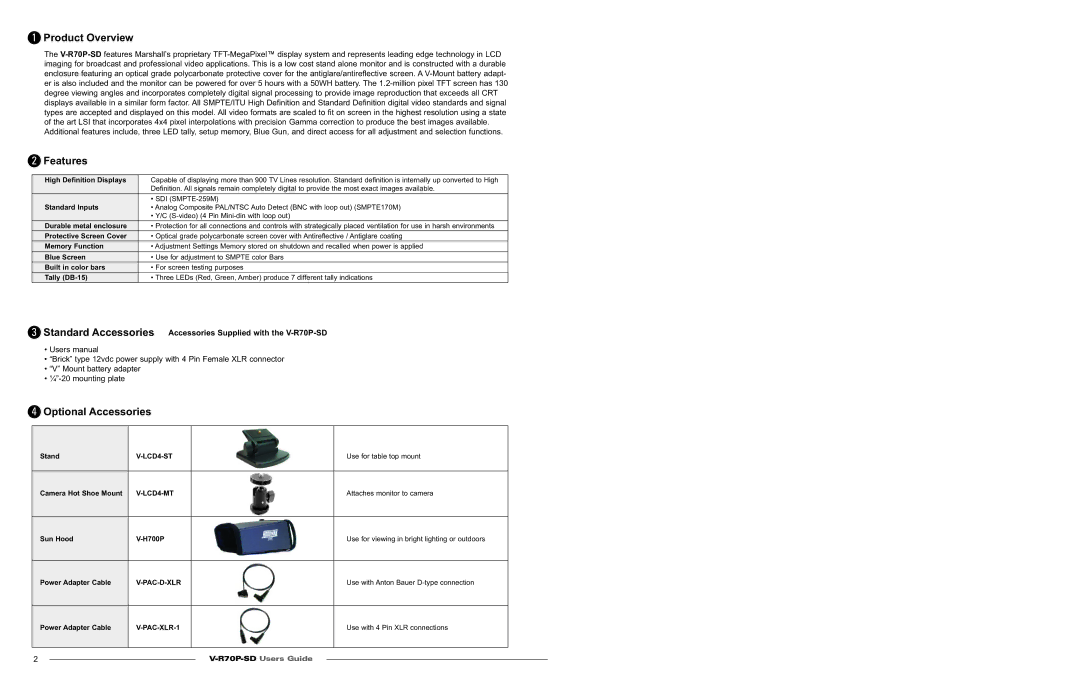 Marshall electronic V-R70P-SD specifications Product Overview, Features, Optional Accessories 