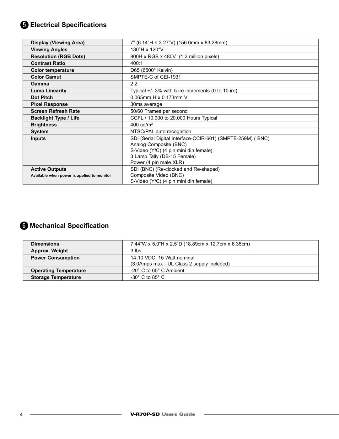 Marshall electronic V-R70P-SD specifications Electrical Speciﬁcations, Mechanical Speciﬁcation 