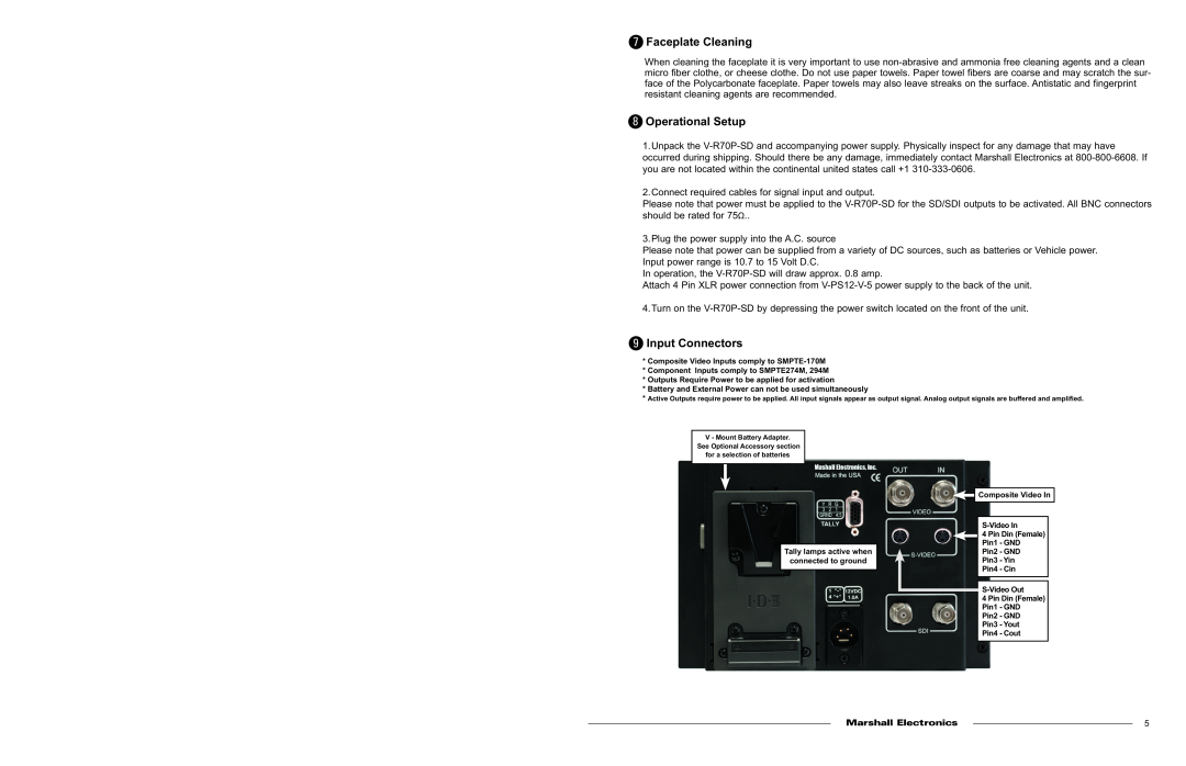 Marshall electronic V-R70P-SD specifications Faceplate Cleaning, Operational Setup, Input Connectors 