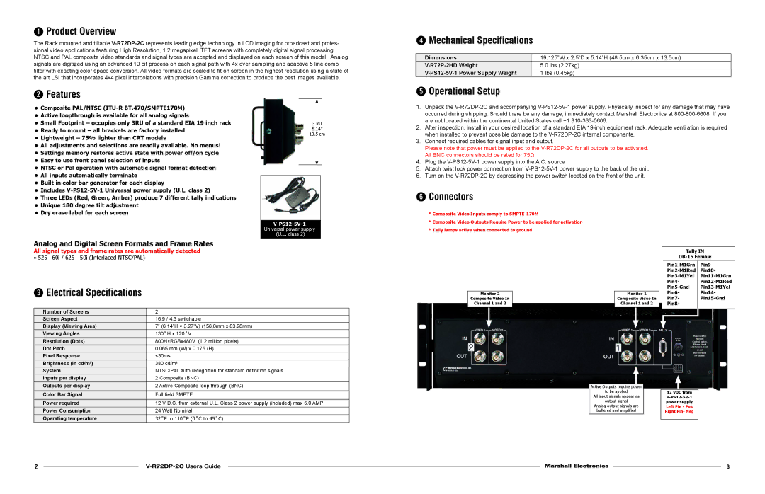 Marshall electronic V-R72DP-2C Product Overview, Mechanical Specifications, Features, Operational Setup, Connectors 