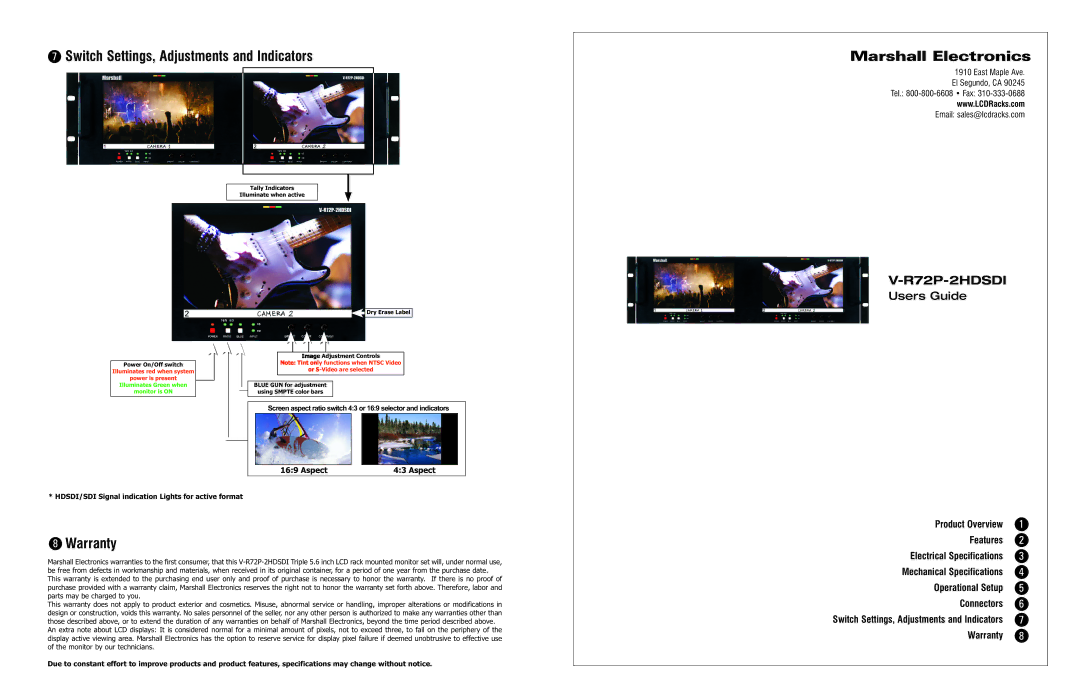 Marshall electronic V-R72P-2HDSDI warranty Switch Settings, Adjustments and Indicators, Marshall Electronics, Warranty 