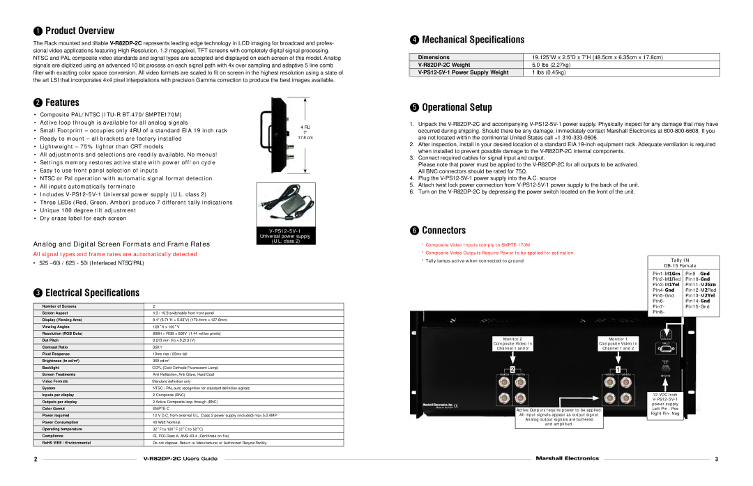 Marshall electronic V-R82DP-2C Product Overview, Mechanical Specifications, Features, Operational Setup, Connectors 