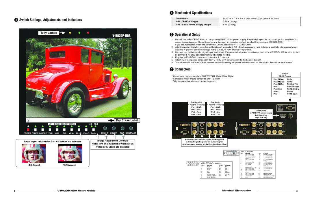 Marshall electronic V-R82DP-HDA Switch Settings, Adjustments and Indicators, Mechanical Specifications, Operational Setup 