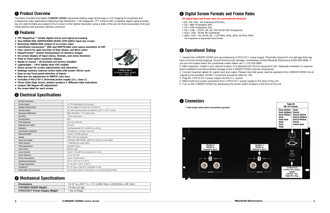 Marshall electronic V-R82DP-HDSDI Product Overview, Digital Screen Formats and Frame Rates, Features, Operational Setup 