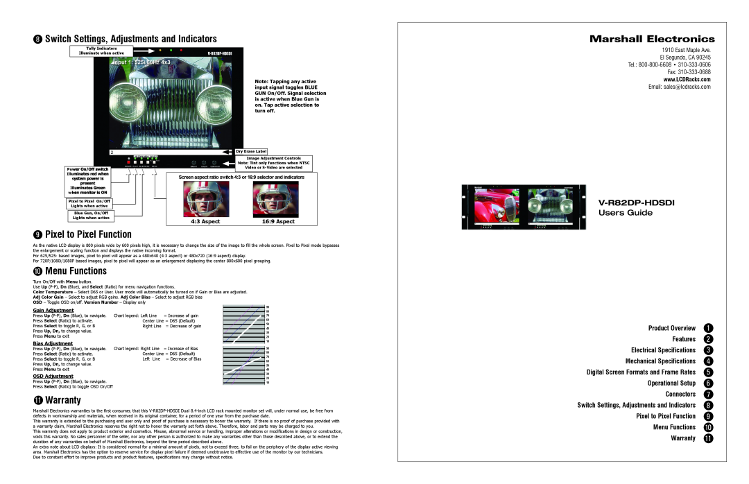 Marshall electronic V-R82DP-HDSDI warranty Switch Settings, Adjustments and Indicators, Marshall Electronics, Warranty 