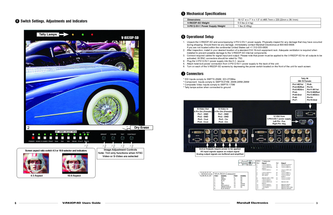 Marshall electronic V-R82DP-SD Switch Settings, Adjustments and Indicators, Mechanical Specifications, Operational Setup 