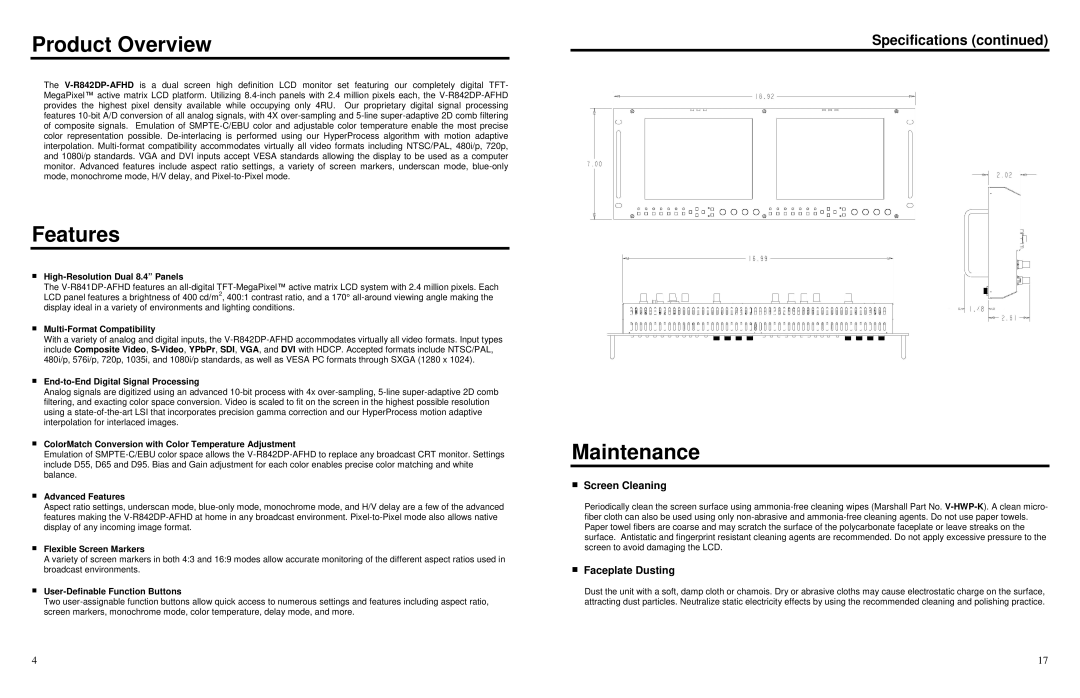 Marshall electronic V-R842DP-AFHD Product Overview, Features, Maintenance, Screen Cleaning, Faceplate Dusting 