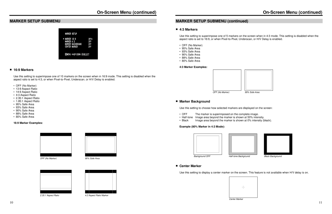 Marshall electronic V-R842DP-DVI operating instructions Marker Setup Submenu, Markers, Marker Background, Center Marker 