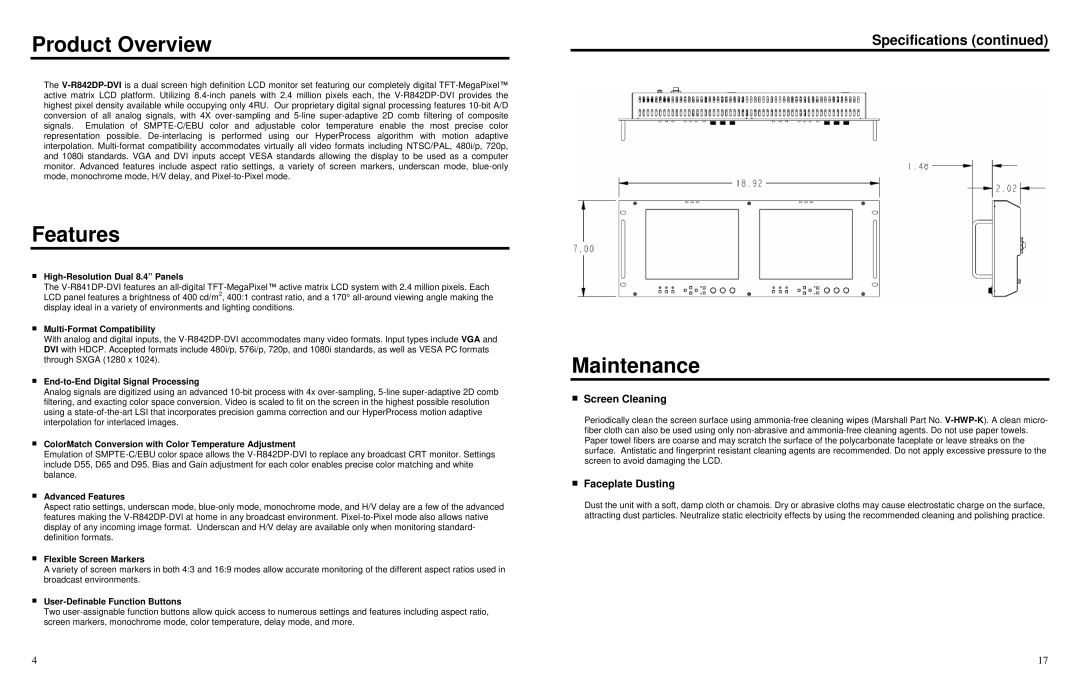 Marshall electronic V-R842DP-DVI Product Overview, Features, Maintenance, Screen Cleaning, Faceplate Dusting 