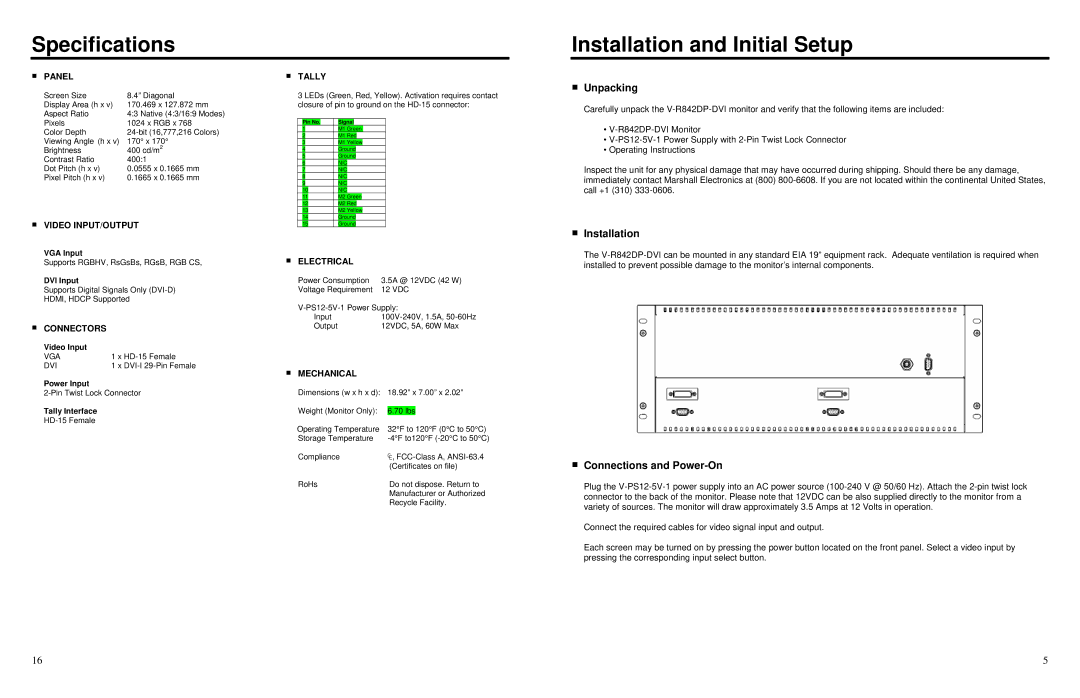 Marshall electronic V-R842DP-DVI Specifications Installation and Initial Setup, Unpacking, Connections and Power-On 