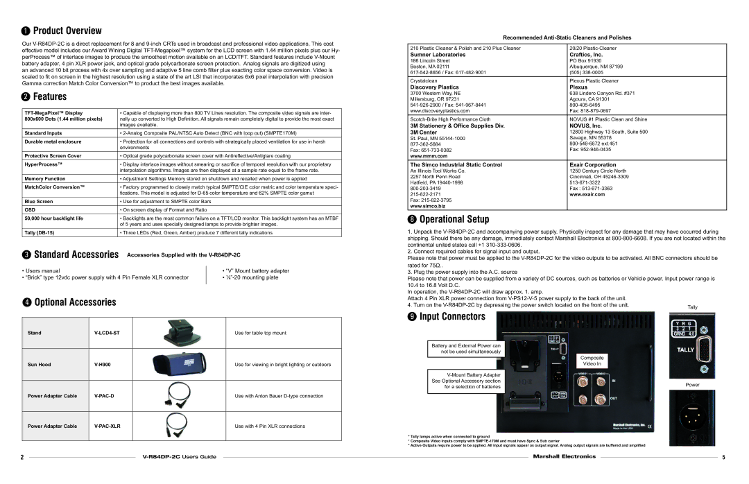 Marshall electronic V-R84DP-2C Product Overview, Features, Optional Accessories, Operational Setup, Input Connectors 