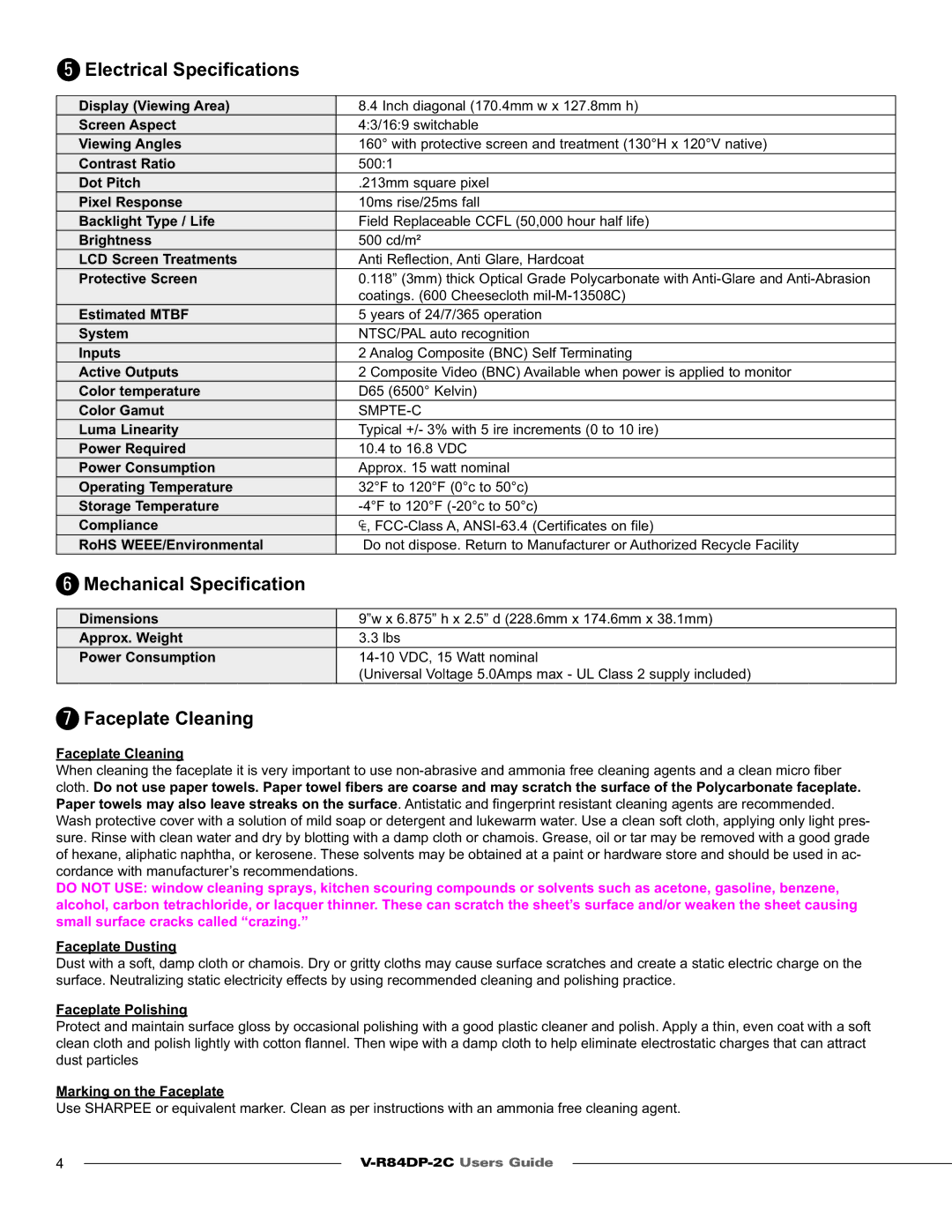 Marshall electronic V-R84DP-2C warranty Electrical Speciﬁcations, Mechanical Speciﬁcation, Faceplate Cleaning 