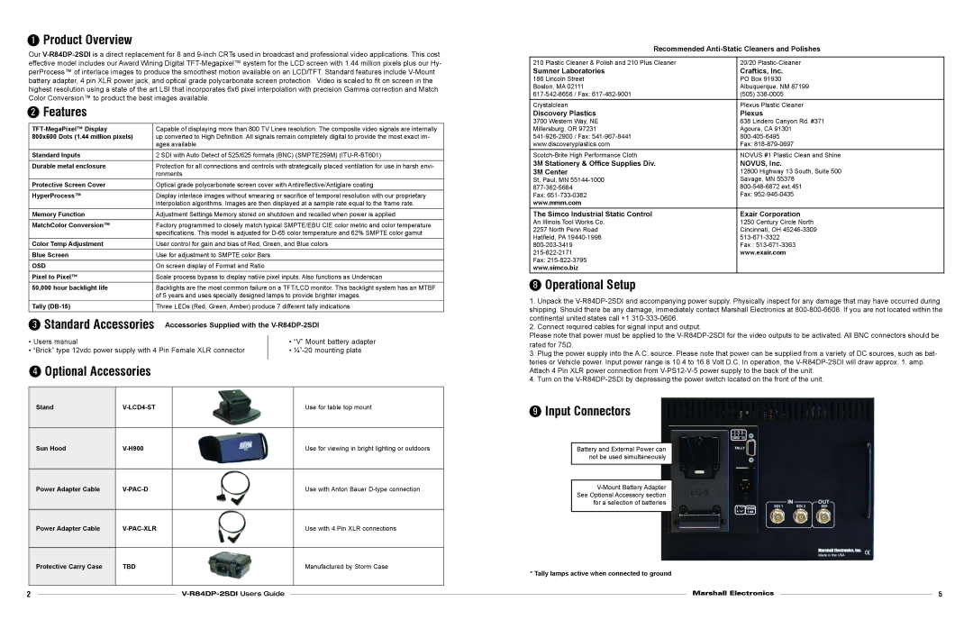 Marshall electronic V-R84DP-2SDI Product Overview, Features, Optional Accessories, Operational Setup, Input Connectors 