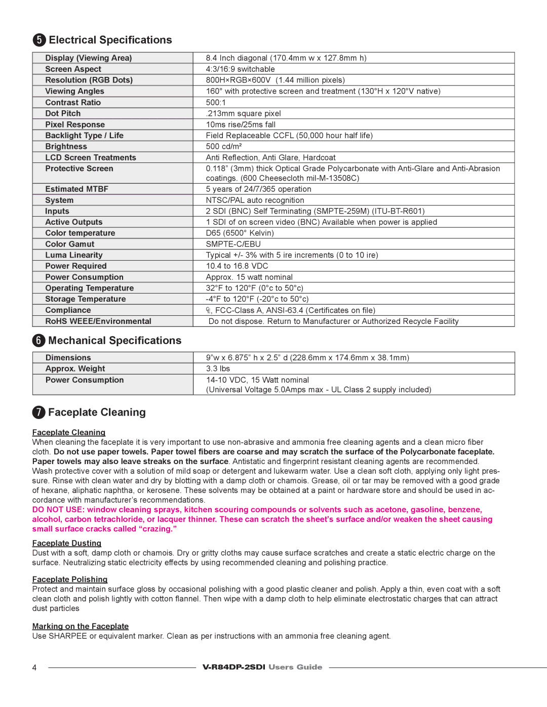 Marshall electronic V-R84DP-2SDI warranty Electrical Speciﬁcations, Mechanical Speciﬁcations, Faceplate Cleaning 