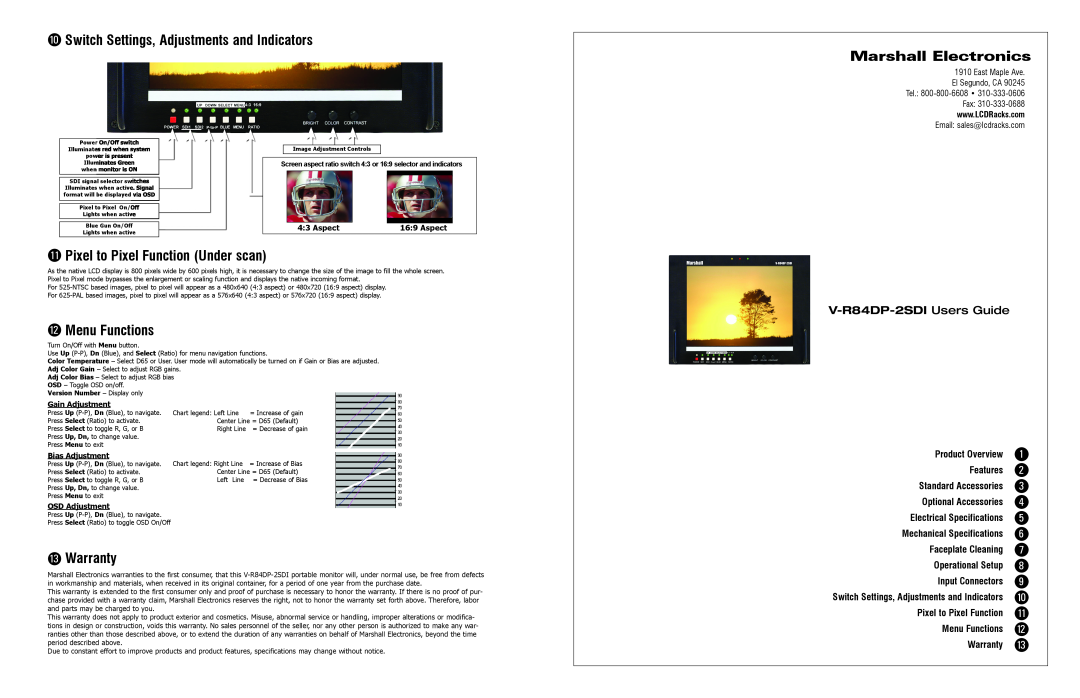 Marshall electronic V-R84DP-2SDI warranty Switch Settings, Adjustments and Indicators Marshall Electronics, Menu Functions 