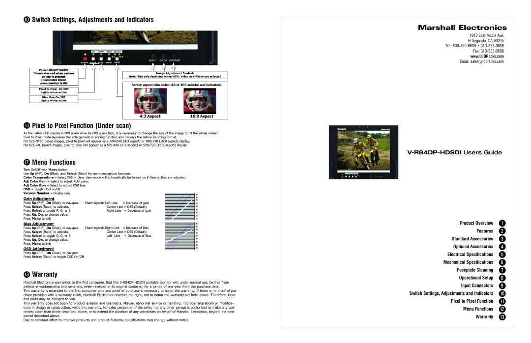 Marshall electronic V-R84DP-HDSDI warranty Pixel to Pixel Function Under scan, Menu Functions, Warranty 