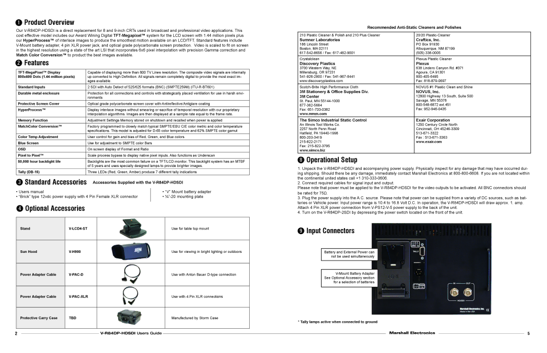 Marshall electronic V-R84DP-HDSDI Product Overview, Features, Optional Accessories, Operational Setup, Input Connectors 