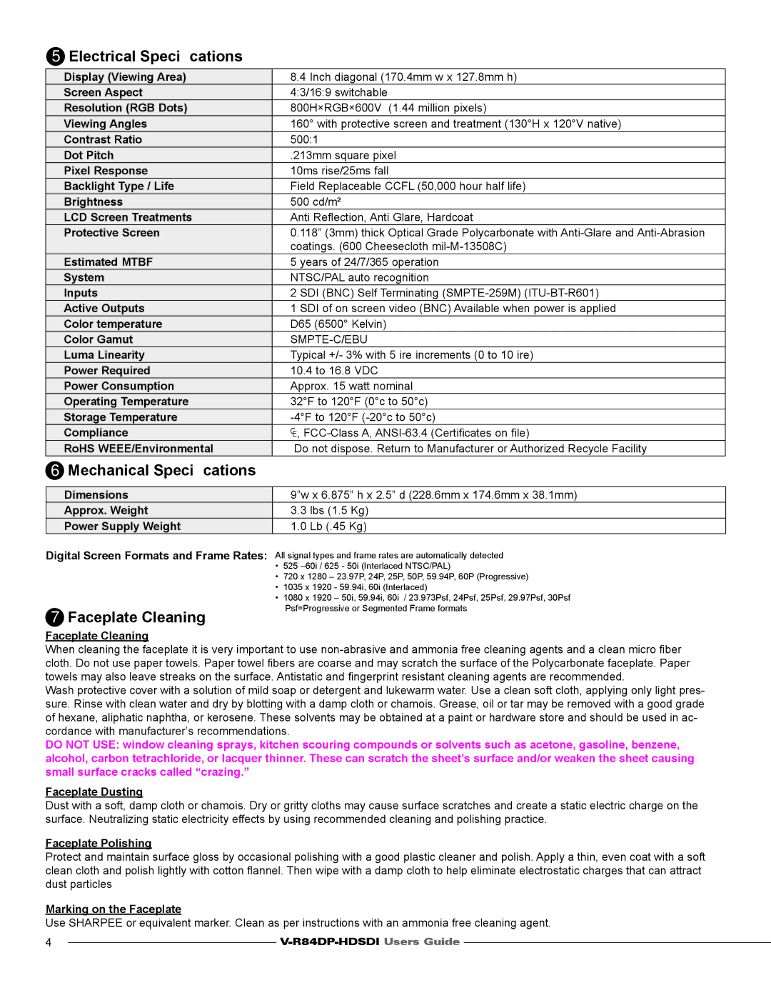 Marshall electronic V-R84DP-HDSDI warranty Electrical Speciﬁcations, Mechanical Speciﬁcations, Faceplate Cleaning 