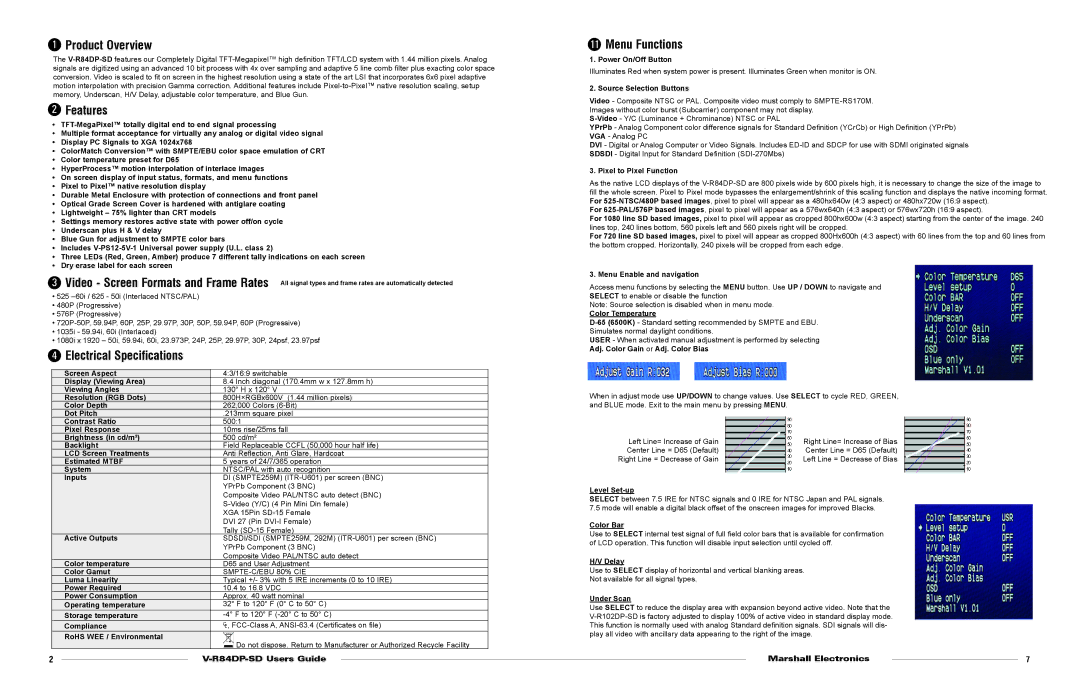 Marshall electronic V-R84DP-SD warranty Product Overview, Features, Electrical Specifications, Menu Functions 