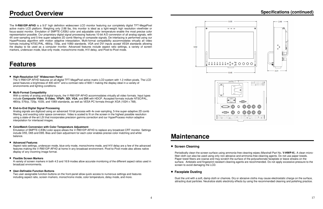 Marshall electronic V-R901DP-AFHD manual Product Overview, Features, Maintenance, Screen Cleaning, Faceplate Dusting 