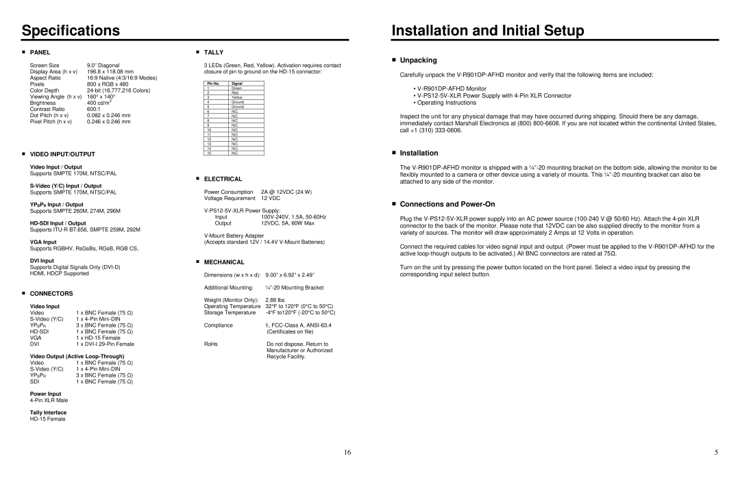 Marshall electronic V-R901DP-AFHD manual Specifications Installation and Initial Setup, Unpacking, Connections and Power-On 