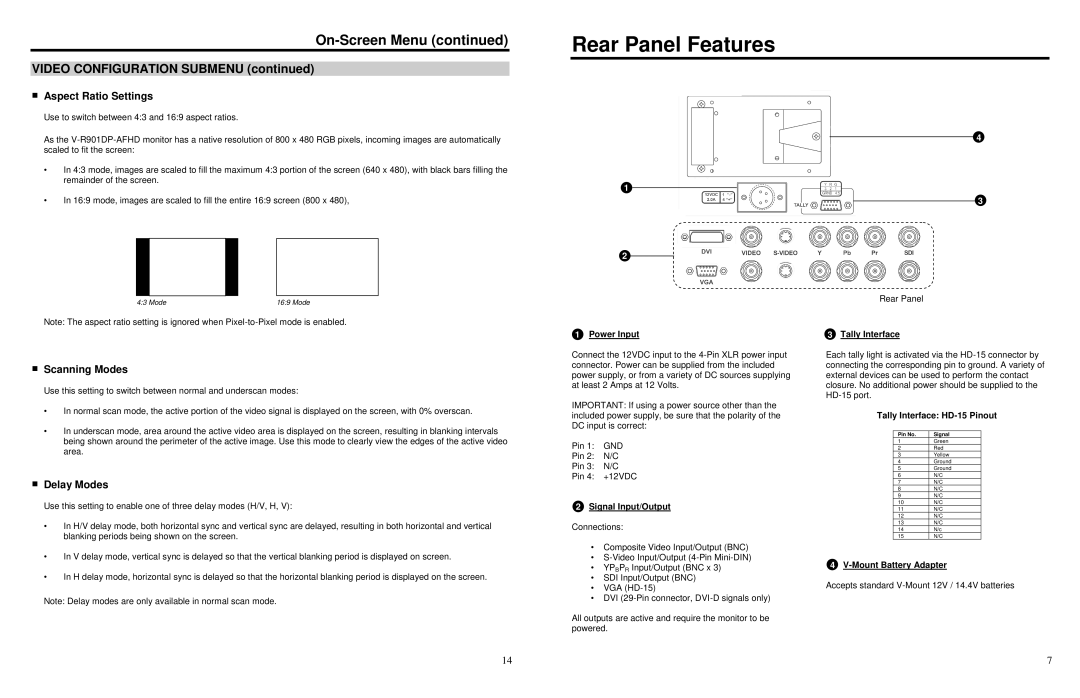 Marshall electronic V-R901DP-AFHD manual Rear Panel Features, Aspect Ratio Settings, Scanning Modes, Delay Modes 