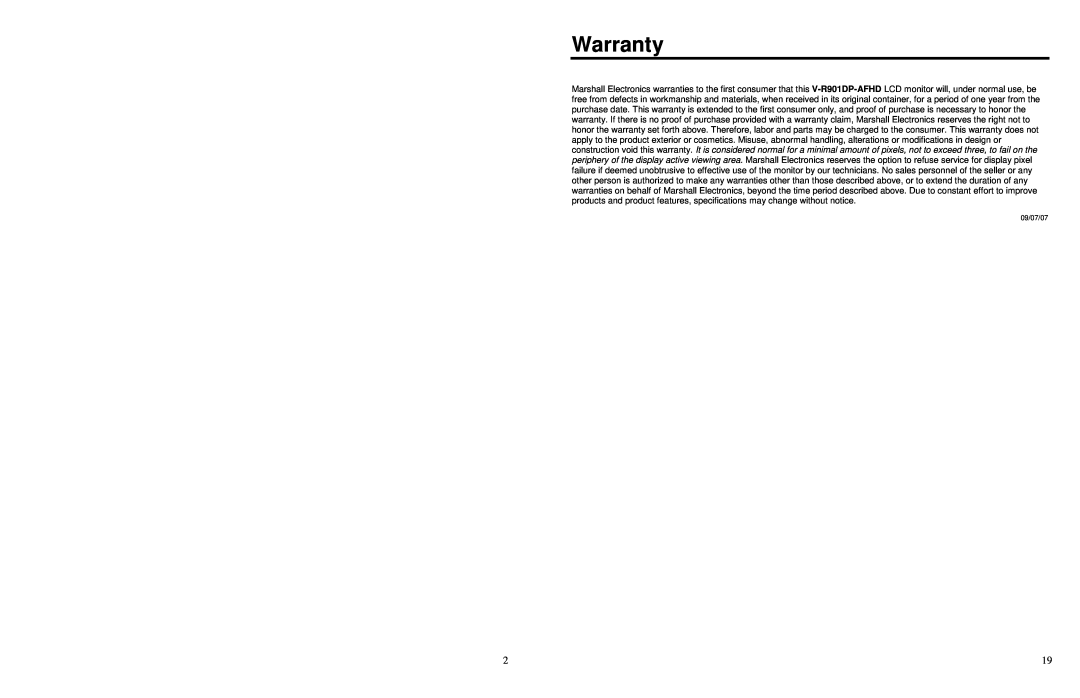Marshall electronic V-R901DP-AFHD manual Warranty, 09/07/07 