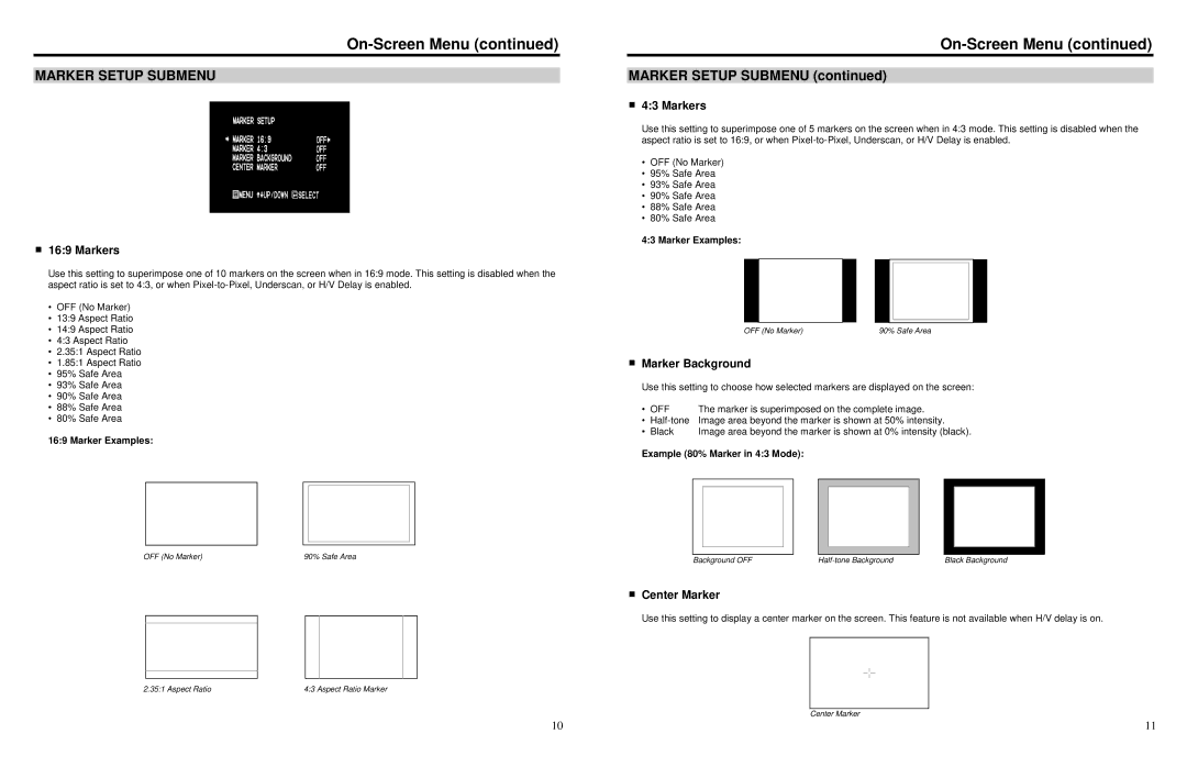 Marshall electronic V-R902DP-AFHD operating instructions Marker Setup Submenu, Markers, Marker Background, Center Marker 