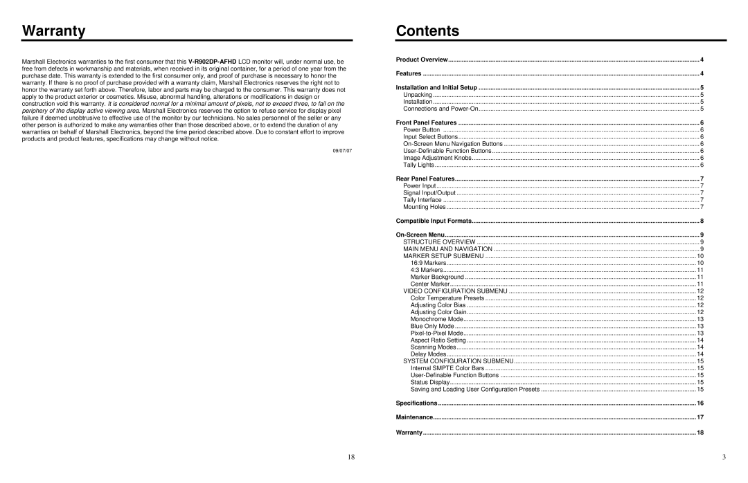 Marshall electronic V-R902DP-AFHD operating instructions Warranty, Contents 