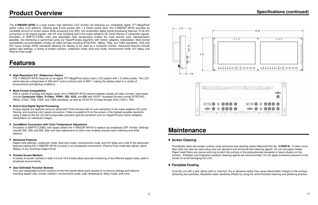 Marshall electronic V-R902DP-AFHD Product Overview, Features, Maintenance, Screen Cleaning, Faceplate Dusting 