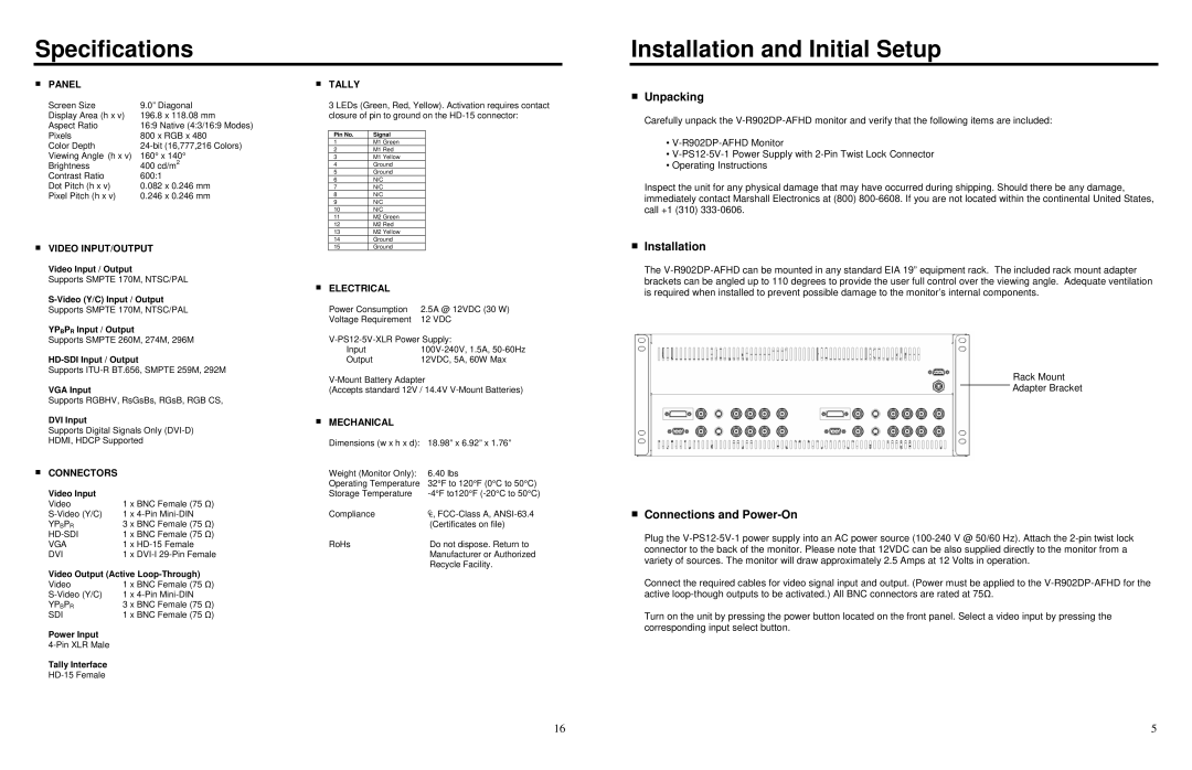 Marshall electronic V-R902DP-AFHD Specifications Installation and Initial Setup, Unpacking, Connections and Power-On 