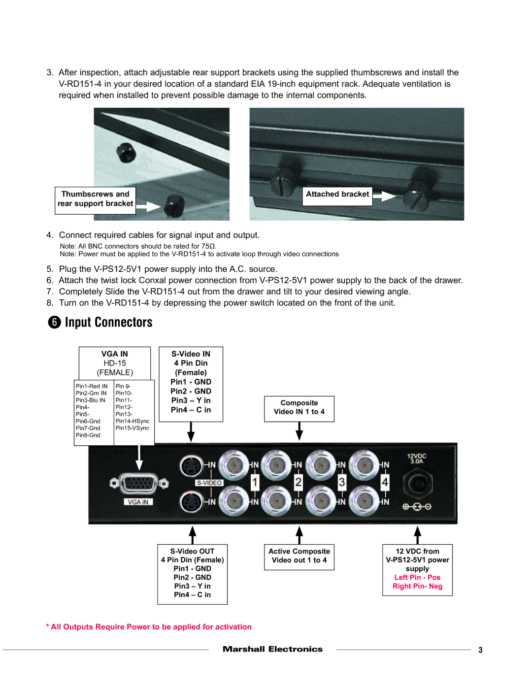 Marshall electronic V-RD151-4 specifications Input Connectors, Thumbscrews Attached bracket 