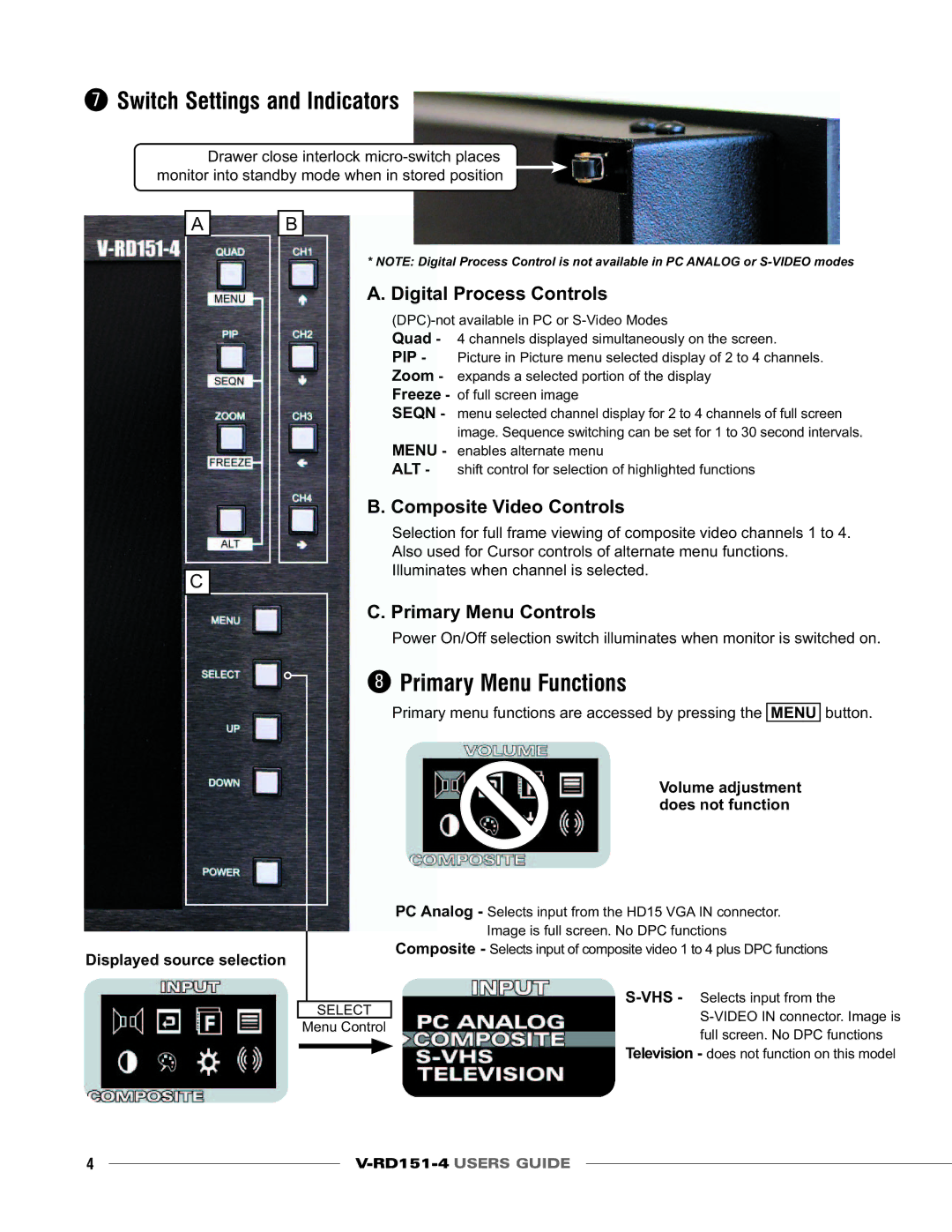 Marshall electronic V-RD151-4 specifications Switch Settings and Indicators, Primary Menu Functions, Seqn 