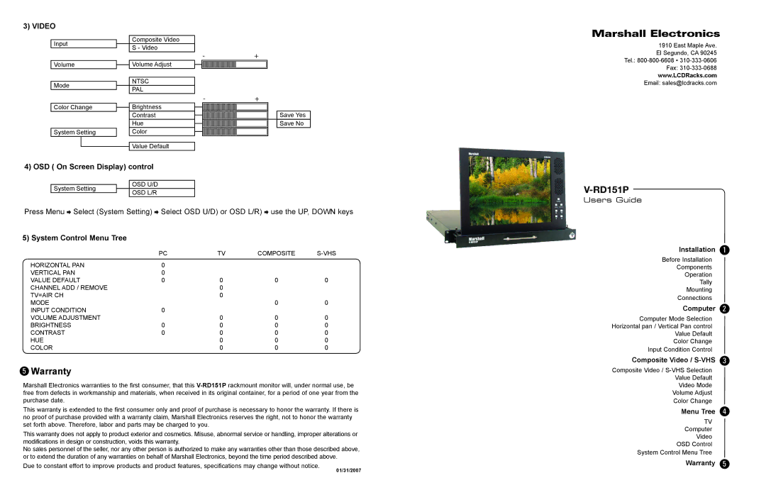 Marshall electronic V-RD151PV warranty Warranty, OSD On Screen Display control, System Control Menu Tree 