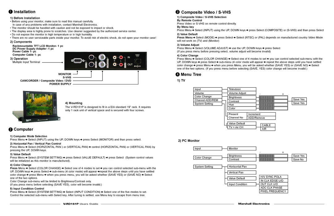 Marshall electronic V-RD151PV warranty Installation, Composite Video / S-VHS, Menu Tree, Computer, PC Monitor 