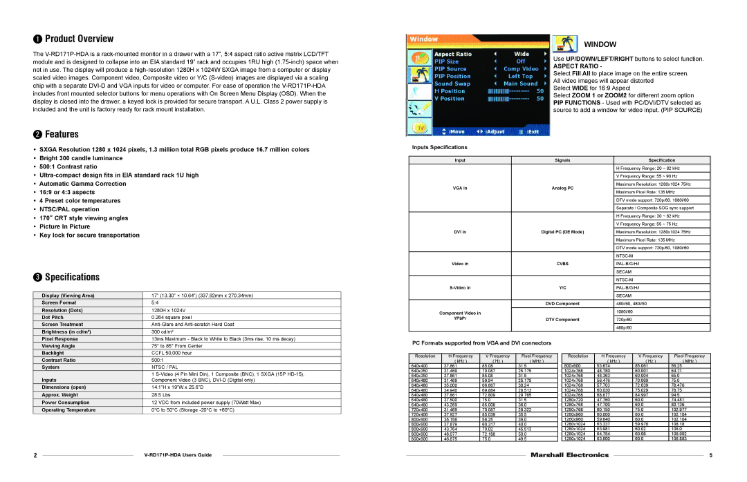 Marshall electronic V-RD171P-HDA warranty Product Overview, Features, Specifications, Window 