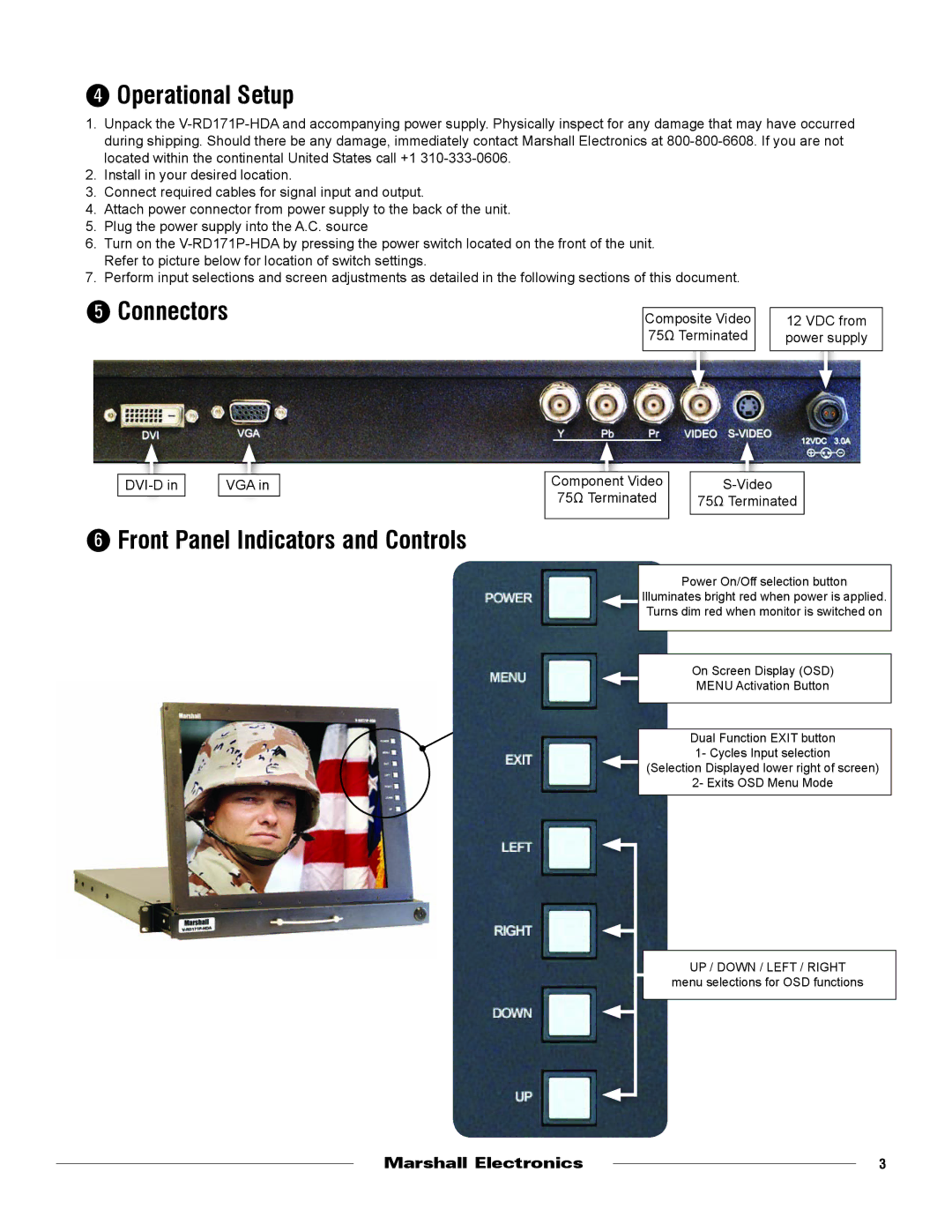 Marshall electronic V-RD171P-HDA warranty Operational Setup, Connectors, Front Panel Indicators and Controls 