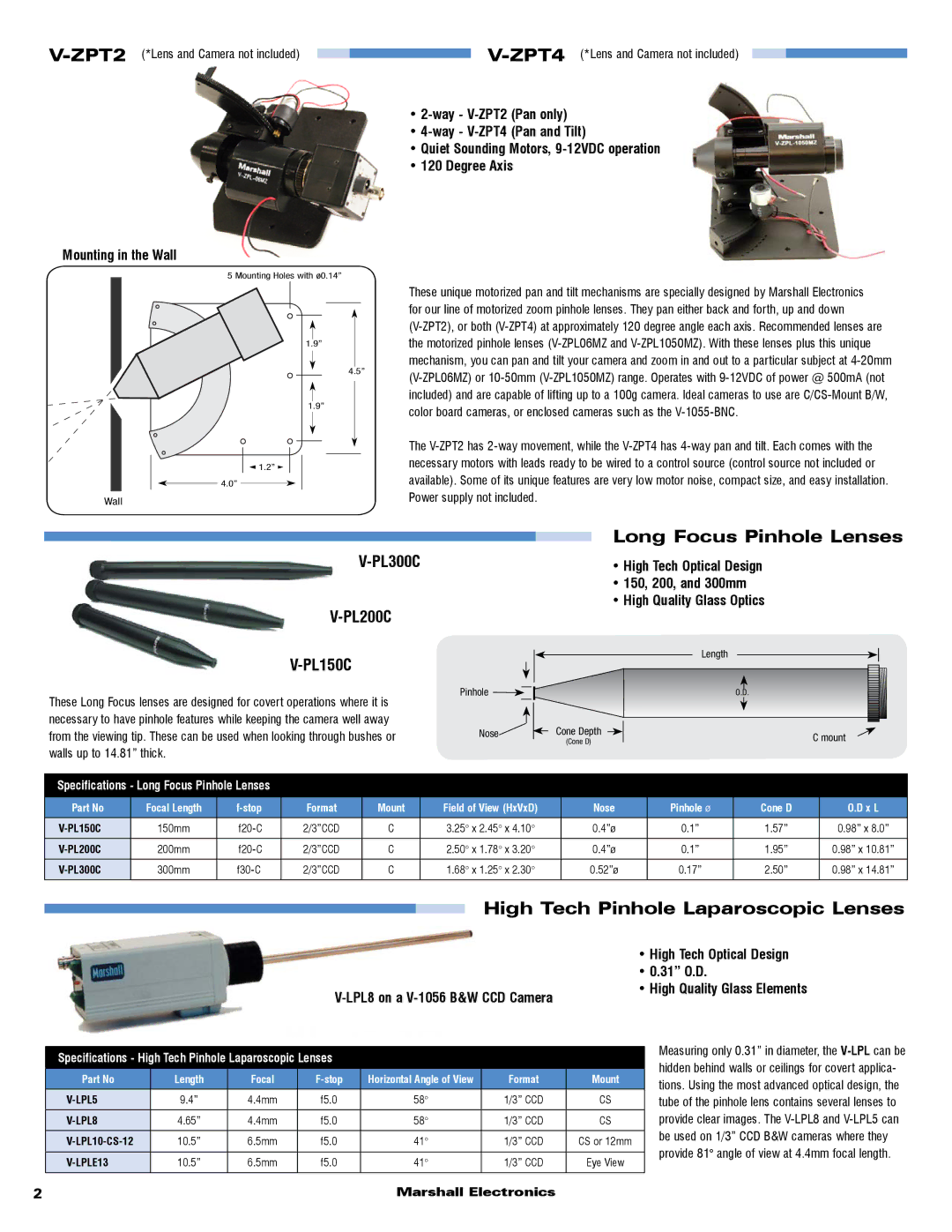 Marshall electronic V-ZPL06 Long Focus Pinhole Lenses, High Tech Pinhole Laparoscopic Lenses, Mounting in the Wall, 31 O.D 