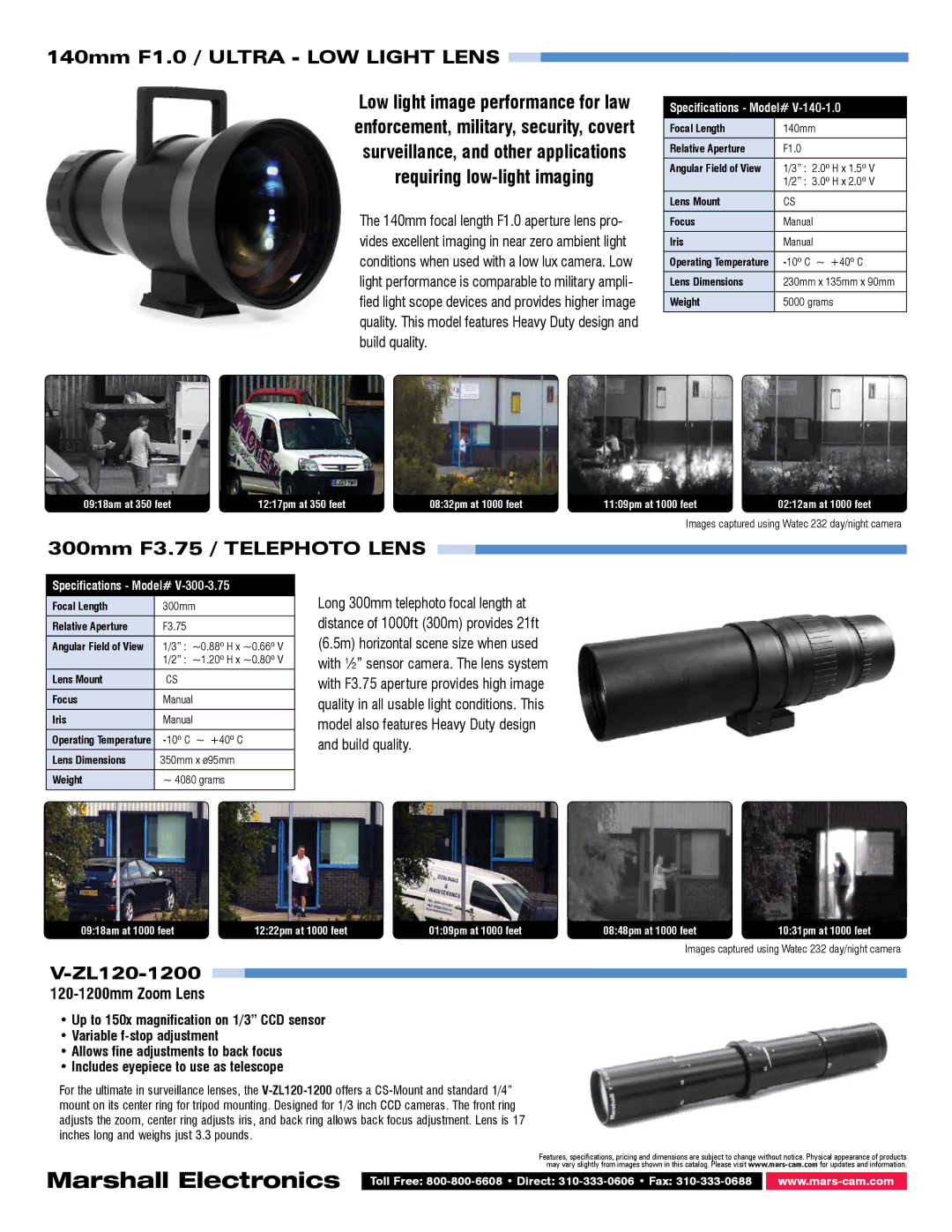 Marshall electronic V-ZPL12, V-ZPL-318, V-ZPL-214, V-ZPL06, V-ZPL1050 ZL120-1200, 120-1200mm Zoom Lens, Specifications Model# 