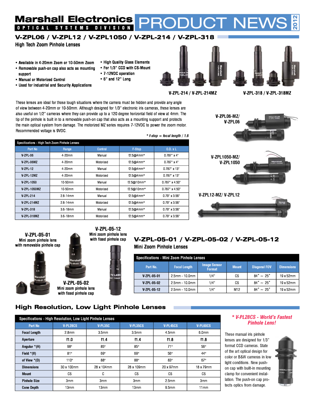 Marshall electronic specifications V-ZPL06 / V-ZPL12 / V-ZPL1050 / V-ZPL-214 / V-ZPL-318, High Tech Zoom Pinhole Lenses 