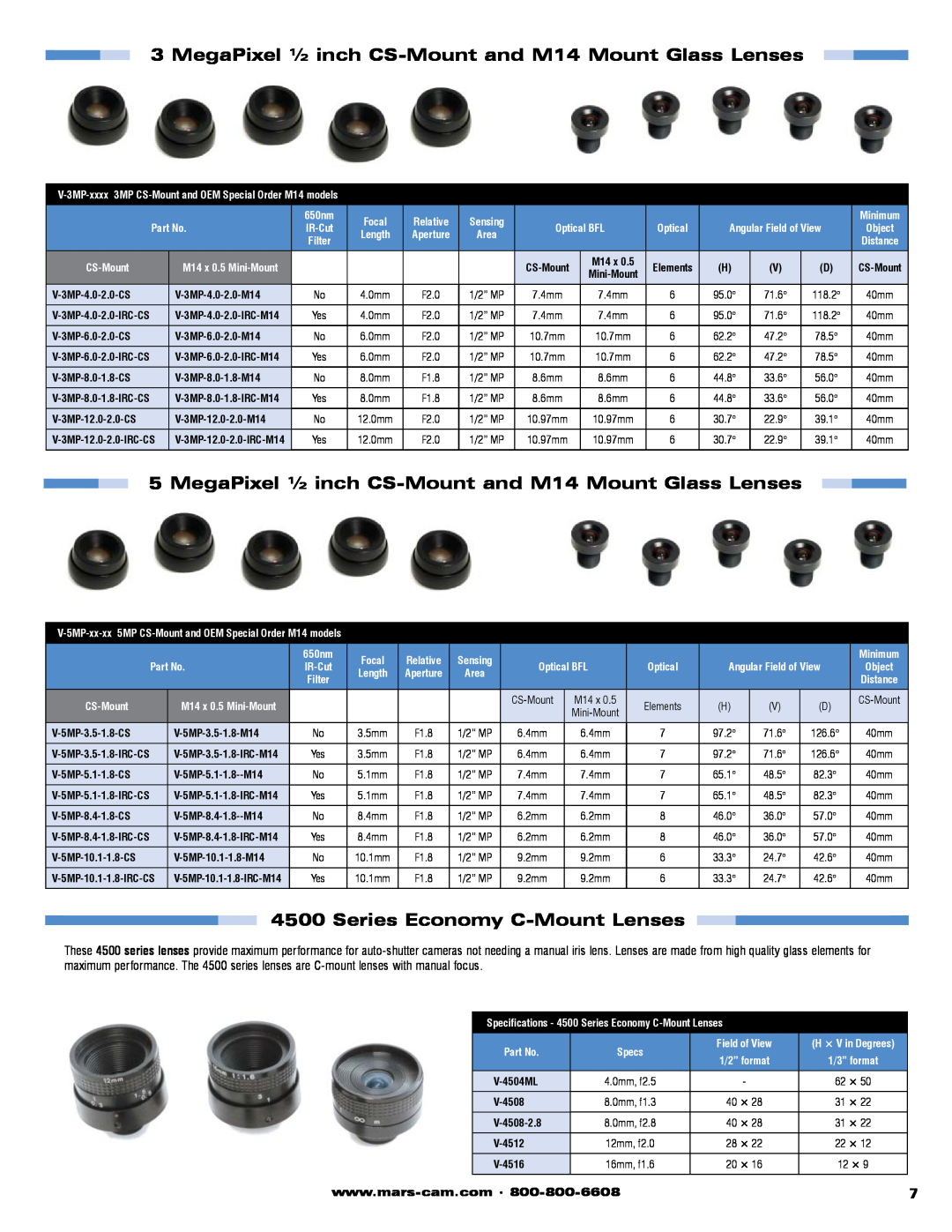 Marshall electronic V-ZPL06, V-ZPL-318 MegaPixel ½ inch CS-Mount and M14 Mount Glass Lenses, Series Economy C-Mount Lenses 