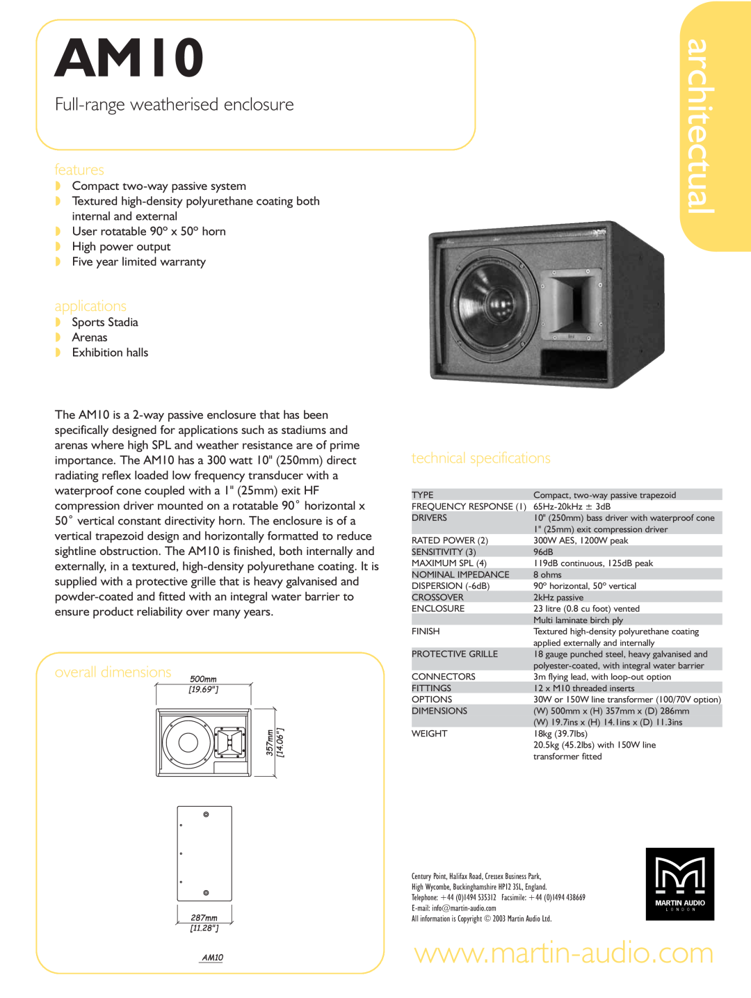 Martin Audio AM10 technical specifications architectual, Full-rangeweatherised enclosure, features, applications 