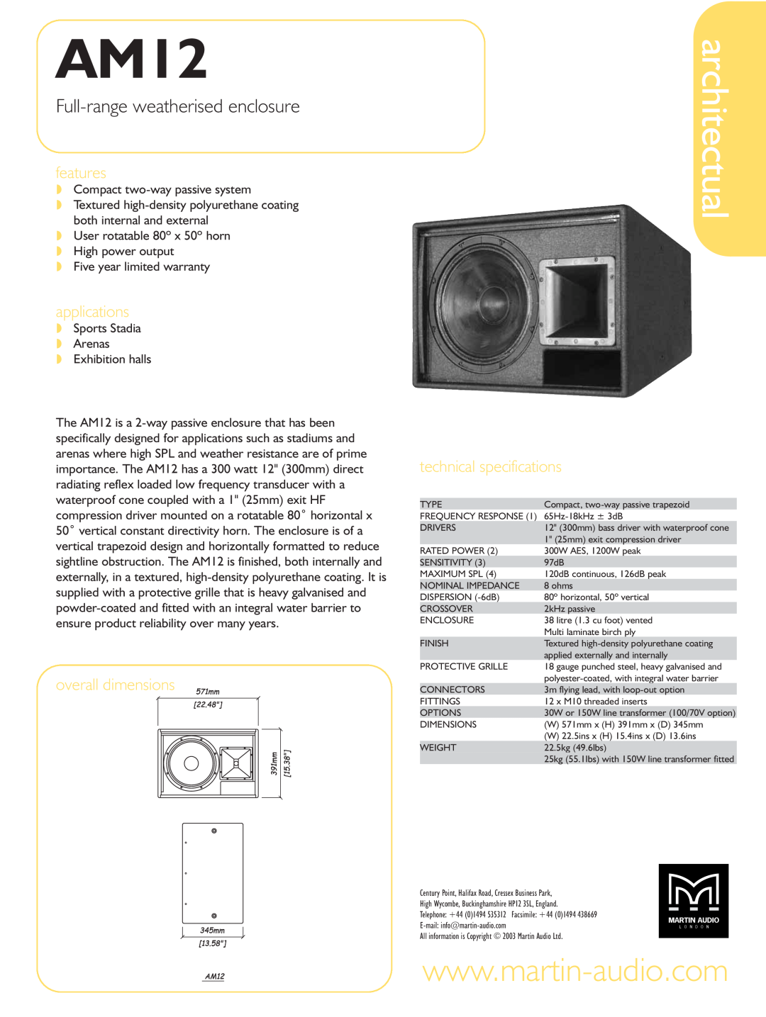 Martin Audio AM12 technical specifications architectual, Full-range weatherised enclosure, features, applications 