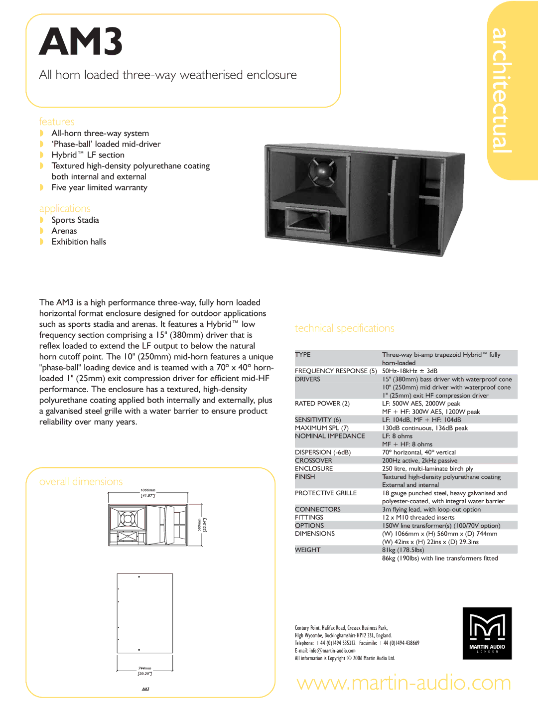 Martin Audio AM3 technical specifications Architectual, All horn loaded three-way weatherised enclosure 