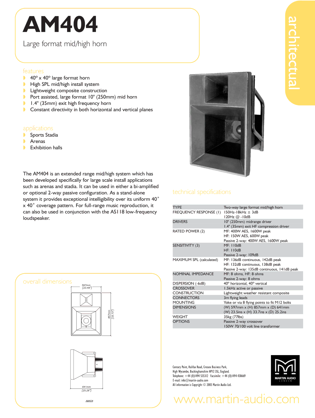 Martin Audio AM404 technical specifications Architectual, Large format mid/high horn 