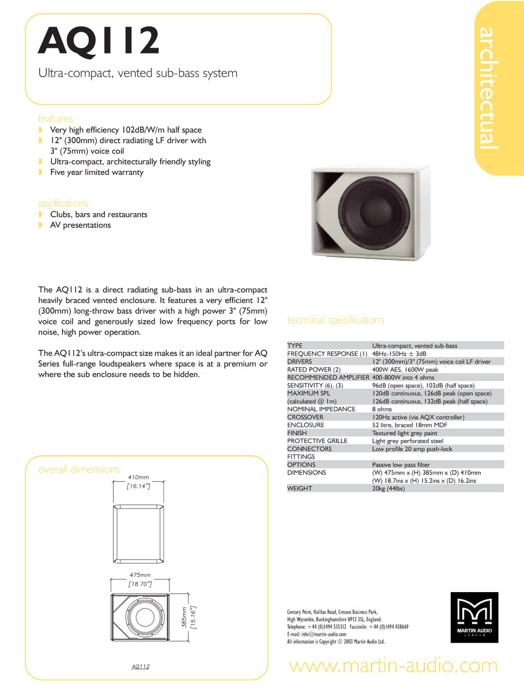 Martin Audio AQ112 technical specifications Architectual, Ultra-compact, vented sub-bass system 